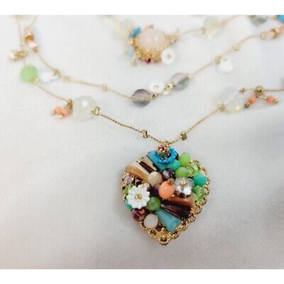 Flower  Heart Illusion Necklace Triple Chain  Boho Cottagecore NWT Retro Beaded - Picture 1 of 13